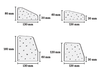 42 Kuvassa 29 on esitetty profiilibetonin reunakivien erilaiset poikkileikkausprofiilit ja mitat. Profiilibetonin muotit ovat kaikki 130 millimetriä leveitä, mutta sivujen korkeudet vaihtelevat.