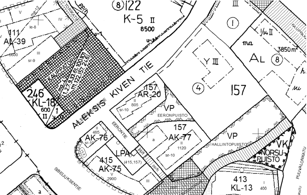2010 hyväksytty asemakaava, jossa Virkailijoiden talo on rivitalojen ja muiden kytkettyjen asuinrakennusten korttelialuetta (AR-20) ja Eeronkulma on asuinkerrostalojen korttelialeutta (AK-77).