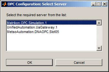 26 Kuva 15. OPC Config-lohkon asetuksien määrittäminen. Työssä tämä lohko määrittää Matlab Simulink-prosessimallia varten OPC palvelimeksi MetsoAutomation.DNAOPC.Slot05- palvelimen.