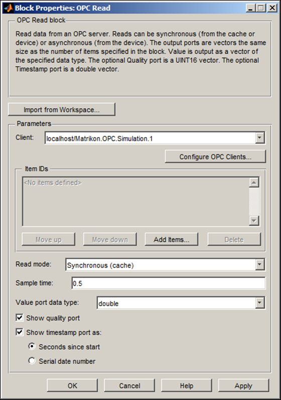 27 Kuva 16. Matlab Simulonk OPC Toolbox:in OPC Write- ja Read- lohkojen konfigurointi-ikkunat.