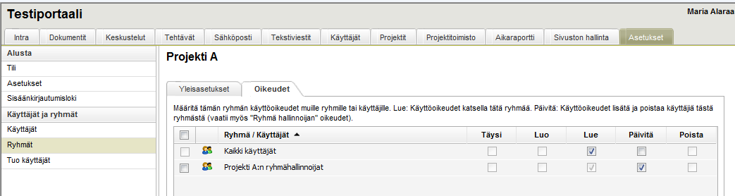 Jos haluat, että käyttäjä A ja B voivat kontrolloida käyttäjiä Projekti A -ryhmässä, sinun tulee: 1. Luoda ryhmä Projekti A:n ryhmähallinnoijat a.