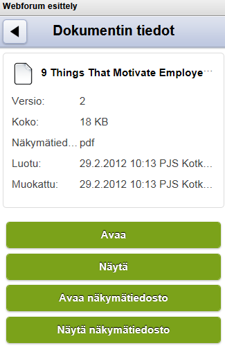 Mobiili käyttöliittymän näkymä dokumenttitiedoista.