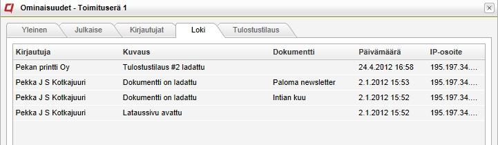 Tulostustilauksen lataussivu Kokoelman loki sisältää tiedon tulostustilauksen latauksista.