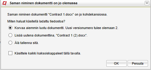 Jos.zip-tiedostoa purettaessa nämä dokumentit ovat jo olemassa, ne voidaan korvata uusilla.