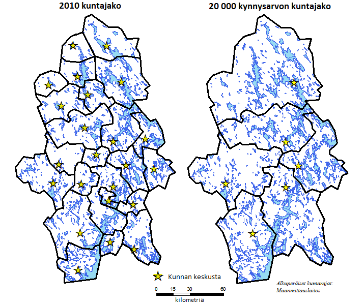 21 vutettavuutta ja sijaintia vertaillaan vuoden 2010 kuntajaon ja 20 000 kynnysarvolla Max-P -algoritmin tuottaman kuntajaon välillä. Esimerkissä keskitytään terveysasemien saavutettavuuteen 26.