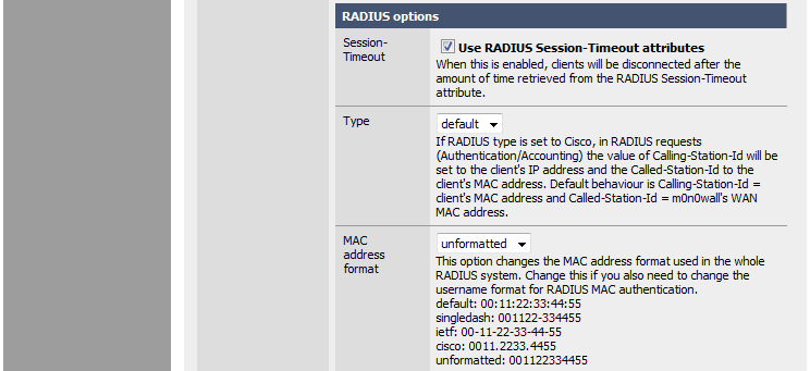 TAMPEREEN AMMATTIKORKEAKOULU OPINNÄYTETYÖ 24 (42) Kuva 9 Langattoman Tampereen RADIUS-asetukset RADIUS options -kohdassa on asetus Use RADIUS Session-Timeout attributes, joka sallii