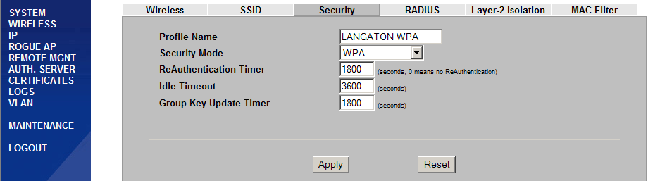 LANGATON-WPA-käyttötavan salausasetukset Seuraavaksi SSID-välilehdeltä määritellään SSID-nimi ja asetukset mitkä siinä