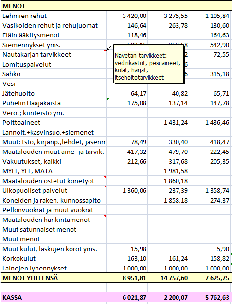 ta tässä taulussa käyttäjä pystyy seuraamaan eri menoerien kertymää ajantasaisesti vuoden aikana. Menotiedot summautuvat automaattisesti vuoden lopussa omaan sarakkeeseensa.