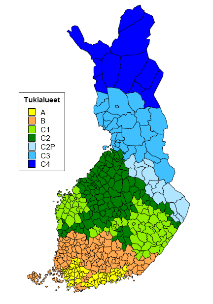 Kuva 1. Suomen aluekohtaiset tukialueet (Lehto 2009, 51.) Yrittäjätulo kuvaa kokonaistuotosta, joka toiminnasta jää yrittäjäperheen työpalkaksi ja oman pääoman koroksi.