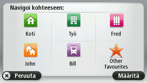 Toistuvat määränpäät Jos teet usein matkoja samoihin määränpäihin, voit asettaa TomTom -laitteen kysymään haluatko suunnitella reitin johonkin näistä määränpäistä aina, kun laite käynnistyy.