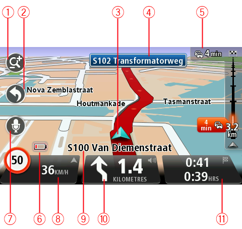 Ajonäkymä Tietoja ajonäkymästä Kun TomTom -navigaattori käynnistyy ensimmäisen kerran, näytössä on ajonäkymä ja tarkat tiedot sijainnistasi.