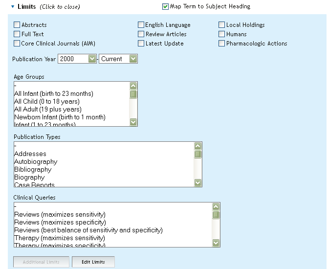 PÄÄSIVU (SEARCH) - HAUN RAJAUS Haun rajaus Search -näytöllä: Limits Hakulaatikon alapuolella on näkyvissä eri rajausmahdollisuuksia. Lisää rajauksia saadaan Additional Limits -painiketta klikkaamalla.