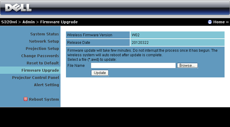 Firmware Upgrade (Laiteohjelmistopäivitys) Firmware Upgrade (Laiteohjelmistopäivitys) voit päivittää projektorin langattoman firmwaren.