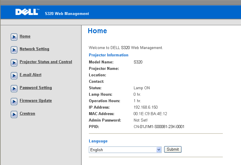 Ominaisuuksien hallinta Home (Koti) Voit käyttää Web Management Home Page (Web-hallinnan Koti-sivua) antamalla projektorin IP-osoitteen