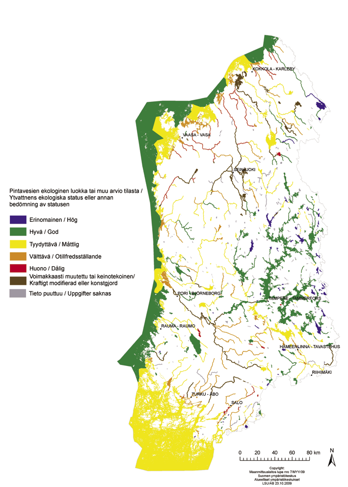 Kuva 26. Kokonaisarvio läntisen vesienhoitoalueen pintavesien ekologisesta tilasta.