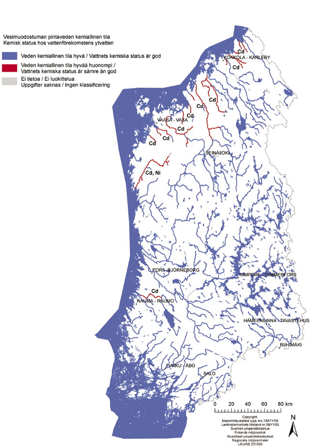 Cd=kadmium Ni=nikkeli/nickel Kuva 29. Arvio läntisen vesienhoitoalueen pintavesien kemiallisesta tilasta eli ns.