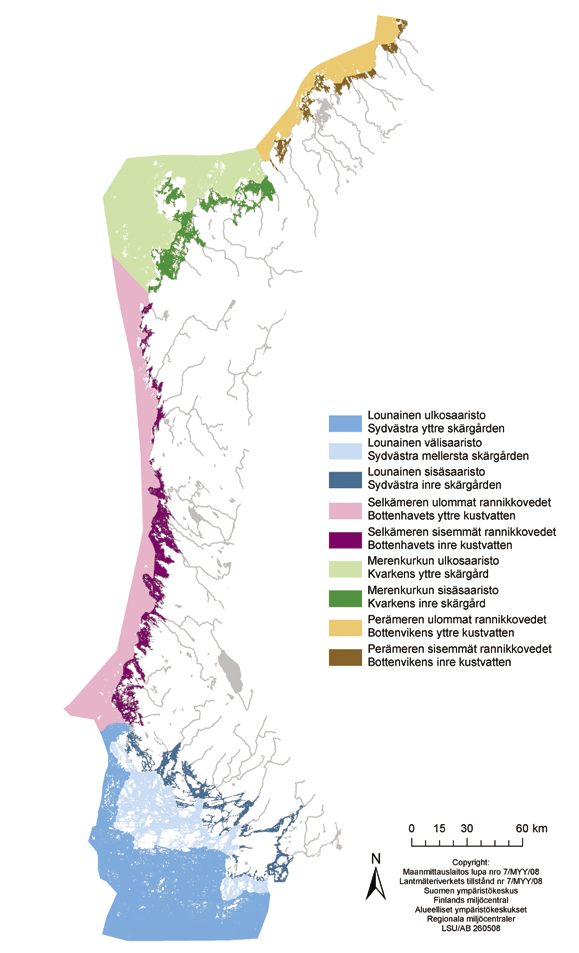 Kuva 12. Rannikkovesien tyypit läntisellä vesienhoitoalueella.