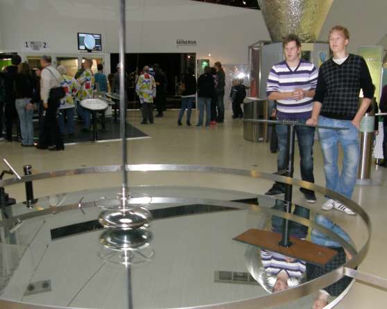 The experimental apparatus consists of a tall pendulum free to oscillate in any vertical plane.