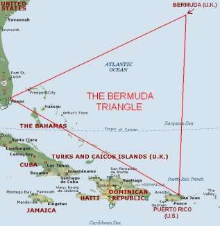 Bermudan kolmio? Erään hypoteesin mukaan Bermudan kolmion salaisuus olisi alueen merenpohjan metaanikaasuissa.