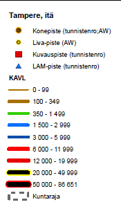 Kuva 21. Liikennemääräkarttojen selitteet ja näkymä kartasta. Maanteiden liikennemäärätiedot on esitetty viivan värin ja paksuuden perusteella yleisen käytännön mukaisella liikennemääräryhmittelyllä.