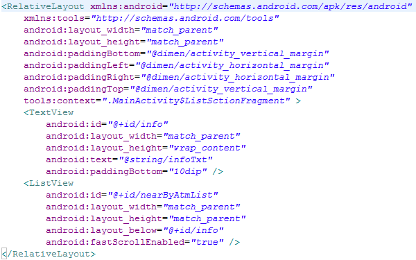 30 Kuva 13. Sovelluksen listanäkymän sivupohjan määritelmä (list.xml). Listanäkymän sivupohjassa on vain kaksi elementtiä, TextView sekä ListView.