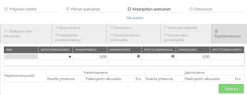 Asetukset 120 Ohjelma vertaa syöttämiesi laskujen summaa pääkirjan Myyntisaamiset- ja Ostovelattilien alkusaldoon ja ilmoittaa eron pääkirjatiliin nähden, mikäli jokin myyntilasku tai ostolasku on