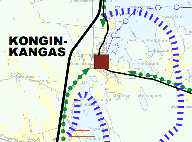 osayleiskaavasta ja suunnittelualueen rajaus Rakenneyleiskaavassa 2016 Konginkankaan keskusta on merkitty kirkonkylän keskukseksi (ruskea laatikko), jossa on kolmelta suunnalta virkistys- tai kevyen