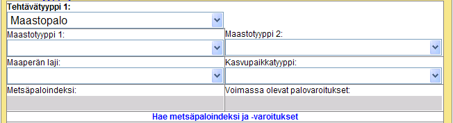 E-11 (135) E.2.1 E.2.1.1 Onnettomuustyyppi Onnettomuustyyppi Onnettomuustyypin valintaan on oma ohje, Onnettomuustyypin valinta E.2.1.2 Maastotyyppi 1 Maastotyyppi 1 -kohtaan kirjataan tiedot maastotyypistä, josta palo on alkanut.