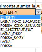 Ilmoittautumistieto voi olla vain paikan vastaanottaneella hakijalla. Voit valita oikeat tilat pudotusvalikosta tai kirjoittaa käsin (tai kopioida toisesta solusta).