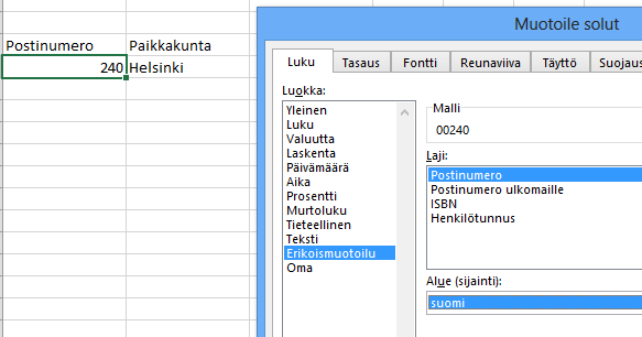 Lisää numeromuotoja Lukumuotoilujen avaimesta tai valikon viimeisestä vaihtoehdosta löydät lisää