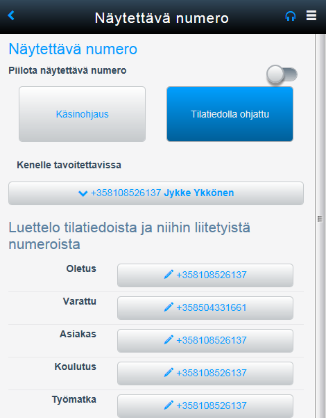 Elisa Oyj Elisa Ring 35 (61) Piilota näytettävä numero Voit myös asettaa näytettävän numeron käsinohjaukselle, ellet halua kalenterisi ohjaavaan näytettävää numeroa aktiivisen tilatiedon mukaan.