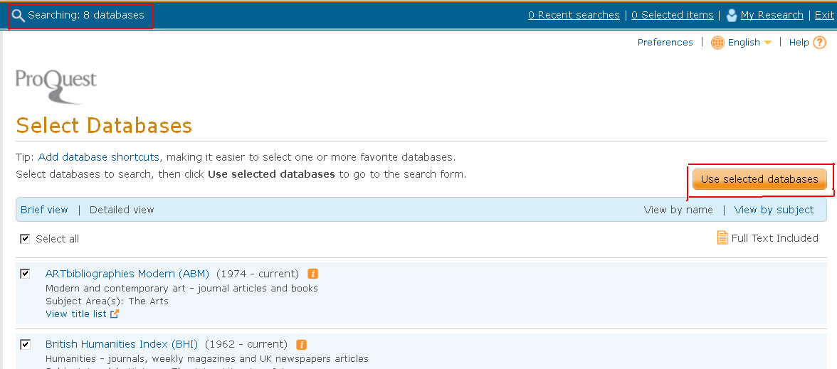 ProQuestin tietokantojen yhteishaussa ensimmäinen näkymä on lista tietokannoista. Kaikki tietokannat on valittu hakuun.