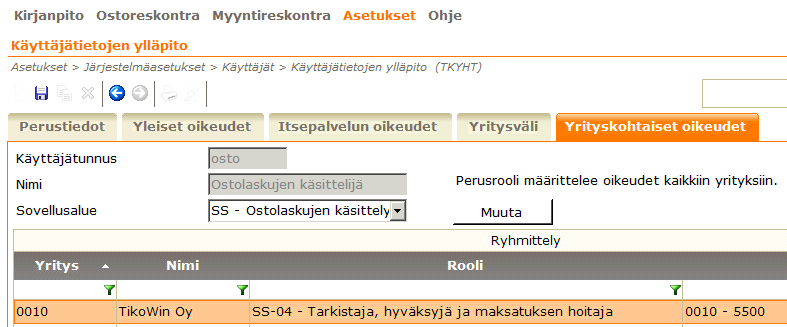 Toukokuu 2015 19 (35) Itsepalvelun oikeudet välilehdellä määritellään käyttäjän rooli Ostolaskujen käsittelyyn.