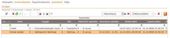 Toukokuu 2015 27 (35) Ylläpito, Asetukset Eräajotiedot Eräajot, muodostuu uusi rivi tyyppiä 4 Sähköpostin lähettäjä.