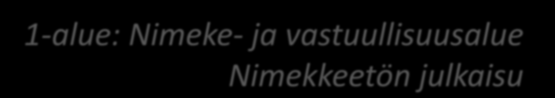 1-alue: Nimeke- ja vastuullisuusalue Nimekkeetön julkaisu Nimekkeetöntä julkaisua koskeva lisäys (ISBDsäännöt 1.1.4.5) Kun julkaisulla ei ole nimekettä, nimeke sepitetään ja merkitään hakasulkeisiin.