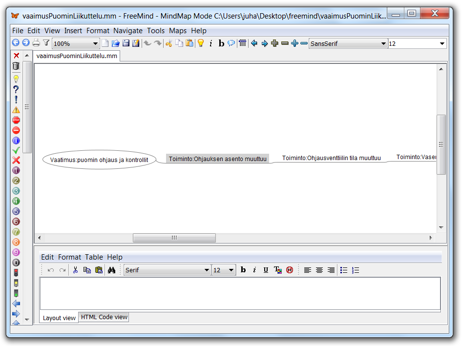 6. Toteutettu tutkimusprototyyppi 58 Kuva 6.7: Ilmaisella Freemind-käsitekarttaeditorilla voi suunnitella toimintoja.