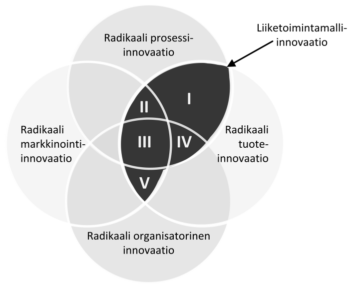 41 Kuvio 11. Liiketoimintamalli-innovaatio innovaatiotyyppien yhdistelmänä (Barjak ym.