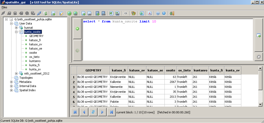 Kunnat ja osoitteet yhdistävän näkyman luominen Spatialite-gui-ohjelmalla Kymmenen ensimmäistä riviä näkymästä palauttava kysely, joka osoittaa, että osoitepisteillä on nyt myös tieto sijaintikunnan