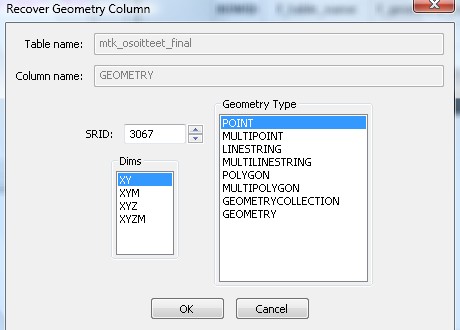 Kun uusi taulu on luotu, niin sille on syytä tehdä ensin Recover geometry column -toiminto, joka tehdään kuten alla olevista kuvista käy selville.