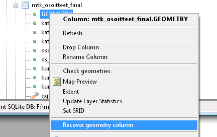 Kun uuden taulun geometriakenttä on rekisteröity, niin taululle voidaan tehdä spatiaali-indeksi.