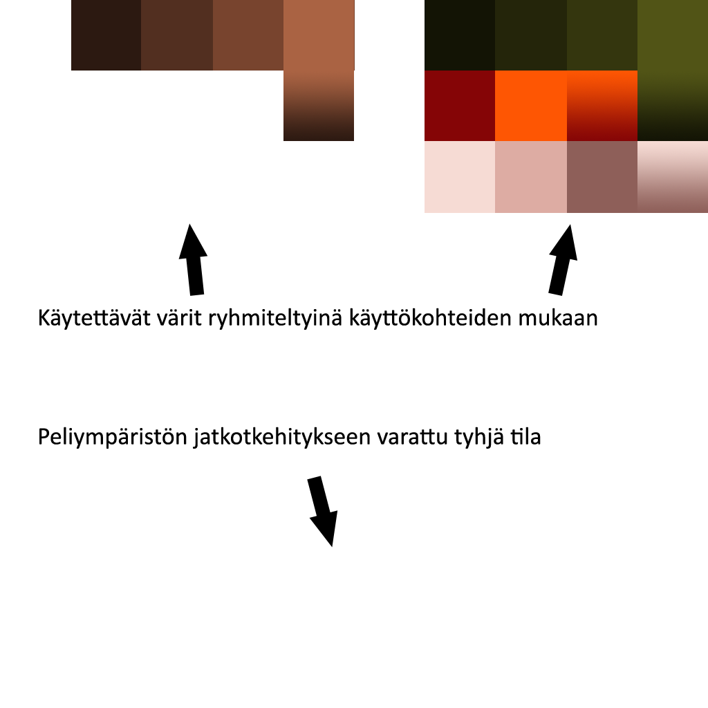 21 Kuvio 5. Väripaletti sisältää ympäristön tärkeimmät värit ja runsaasti tilaa jatkokehitystä varten. Mallien pinnoille määrättiin haluttu väri käyttäen Autodesk 3ds Max:n unwrap uvw modifieria.
