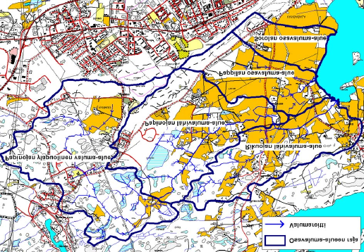 3 Kuva 2. Osavaluma-alueet ja valumareitit. 2.2 Selvitysalueen maaperä ja pinnanmuodot Selvitysaluetta ympäröi alueen keskiosia selvästi korkeammat harjanteet kaikilla muilla suunnilla paitsi Vesijärveen laskevalla koillisreunalla.