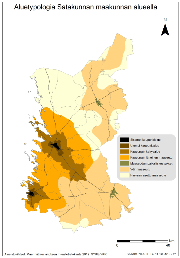 20 Kuva 3. Satakunta Suomen kaupunki-maaseututypologiassa ja yli 5000 asukkaan taajamat vuonna 2012. 71 71 Kartta on laadittu Satakuntaliitossa/Veli-Matti Rintala 11.10.