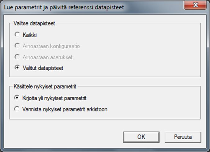 Asetukset ohjaimesta tietokoneeseen Tällä siirretään kaikki parametrit. Tällä siirretään ne parametrit, joissa on ruksi.