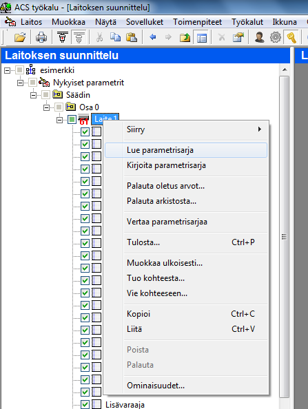 Asetusten vertaaminen Jos asetukset haetaan ohjaimesta tietokoneelle "Lue parametrisarja" -toimintoa käyttäen, asetukset tallentuvat tietokoneelle ("Nykyisiksi parametreiksi") vain, jos juuri haetun