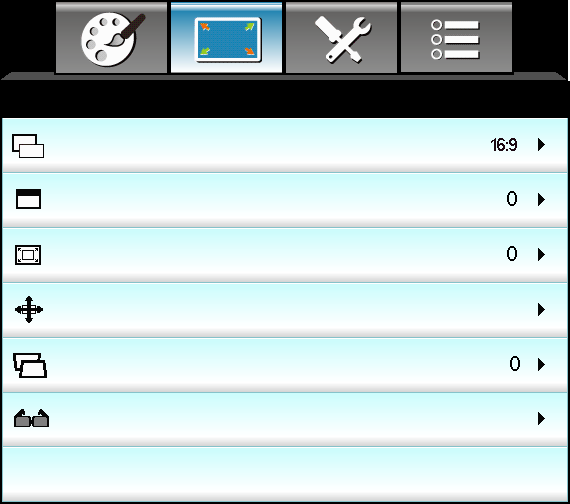 Käyttäjän ohjaimet Näyttö Muoto Näyttö Reunan maski Zoomi Image Shift Pysty kuvankorjaus 3D Muoto Säädä kuvasuhde tämän toiminnon avulla. 4:3: Tämä muoto on 4:3-tulolähteille.