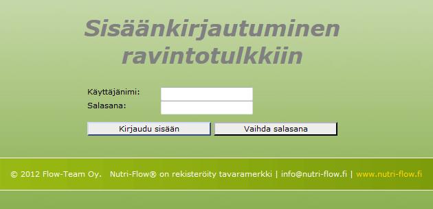 Ohjelmaan kirjautuminen Siirry osoitteeseen www.nutri-flow.fi Klikkaa sivun ylälaidassa näkyvää Nutri-Flow palvelu painiketta.