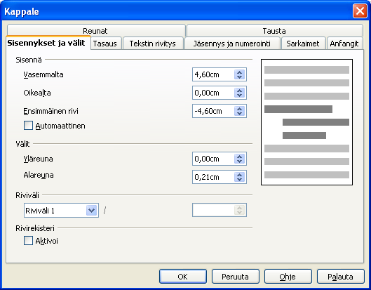 18 OpenOffice.org Writer Tässä kappaleessa taas on ns. negatiivinen sisennys 4 cm, josta käytetään mm. lähdeluetteloissa. Tämä sisennys on itse asiassa riippuva sisennys ilman Sarkain-näppäintä.