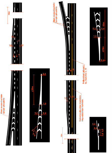 78 Liittymis- ja erkanemisrampit moottoriliikenneteillä ja muilla yksiajorataisilla teillä Kuvien merkintöjen paksuuden ovat moottoriliikenneteille tarkoitettuja, muilla yksiajorataisilla teillä