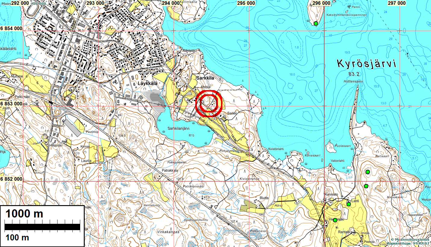 3 Kuva 1. Tutkimusalue punaisen ympyrän sisällä. Karttapohja Maanmittauslaitos karttapaikka.